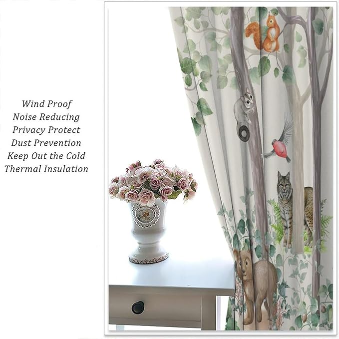 Woodland Animal Curtains, Cartoon Wild Rustic Forest Animals Pattern Blackout Window Treatments, Rod Pocket Thermal Insulated Drapes 2 Panel Sets for Kids Bedroom Nursery Classroom, 42" W X 45" L