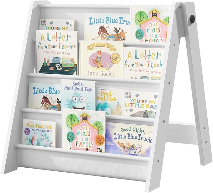 NACHES Montessori Kids Bookshelf Fabric Sling Pockets – Front Facing Toddler Book Display and Toy Storage Organizer for Nursery Playroom or Bedroom 23" Wide (White, Small)
