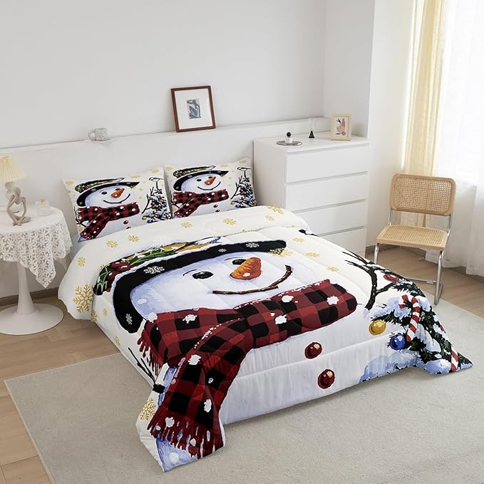 Feelyou Kids Christmas Theme Decorations Bedding Set Xmas Snowman Comforter Set for Boys Girls Snowflake Kawaii Cute Beige Golden Bedroom Collection Full Size