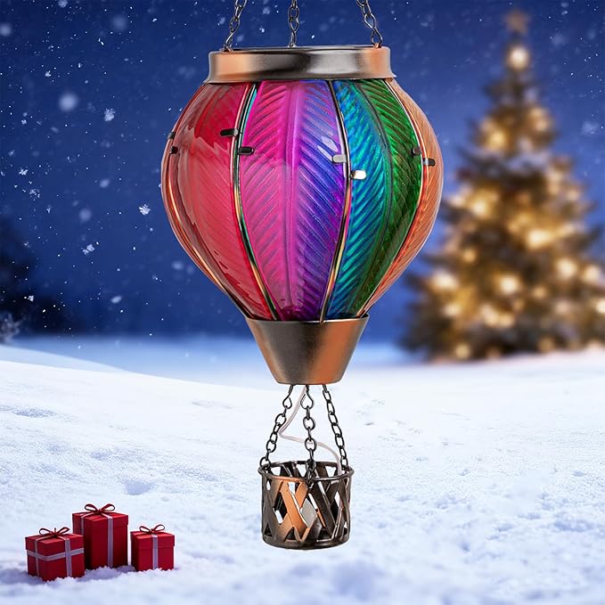 Larekook Rainbow Solar Hot Air Balloon Lantern with Flickering Flame Light,Glass Outdoor Garden Decor,Hot Air Balloon Solar Lantern Outdoor Waterproof Hanging Light for Yard Patio Porch Lawn