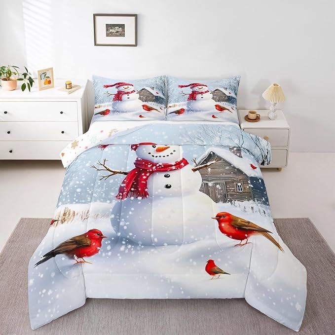 Feelyou Merry Christmas Comforter Set All Season Cute Snowman Bedding Set with 2 Pillow Cases Snowflake Microfiber Kids Full Bedclothes Winter Bedroom Decor Duvet Quilt Breathable Soft Lightweight
