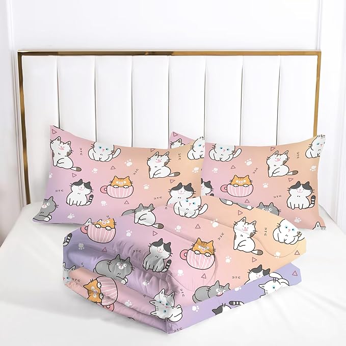 Cat Comforter Set King: Cute Cats Bedding Sets Cartoon Pet Kitten Quilts for Women Teen Girls Adult Rainbow Kawaii Kitty 3 Piece Bed Set 1 Comforter & 2 Pillowcases