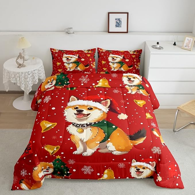 Cartoon Dog Comforter Set Twin Size,Bell Christmas Tree Star Snowflake Bedding Set for Kids Boys Girls Room Decor,Cute Corgi Xmas Theme Quilt Set 2Pcs,Merry Christmas Red Duvet Insert,1 Pillowcase