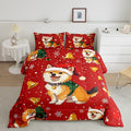 Cartoon Dog Comforter Set King Size,Bell Christmas Tree Star Snowflake Duvet Insert for Kids Boys Girls Room Decor,Cute Corgi Xmas Theme Bedding Set 3Pcs,Merry Christmas Red Quilt Set,2 Pillowcases