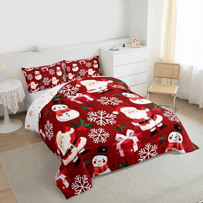 jejeloiu Merry Christmas Comforter Set King Size Xmas Santa Claus Bedding Set for Kids Boys Girls Cute Snowman Duvet Quilt Red Bedroom Decor