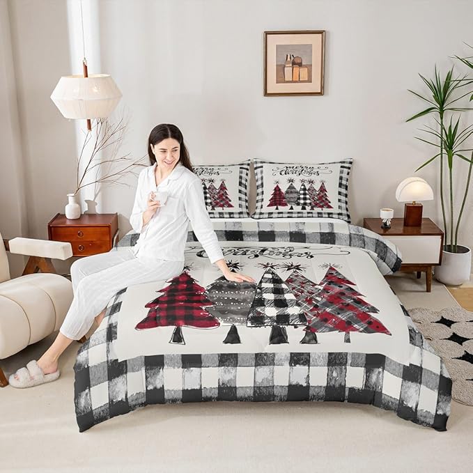 Christmas Trees Kids Comforter Set King Size,Geometric Grids Ink Tie-dye Bedding,Girls Boys Adults Bedroom/Xmas Cabin Decor,Rustic Vintage Down Comforter,Black Grey Retro Duvet Insert,2 Pillowcases
