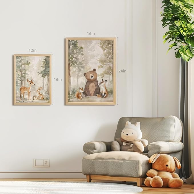 LLEEMPI Woodland Nursery Wall Decor Set of 3, Cute Forest Animal Wall Art, Bear Fox Deer Watercolor Canvas Prints, Vintage Nature Poster Prints for Kids Bedroom Bathroom Playroom Wood Framed 16x24 Inch