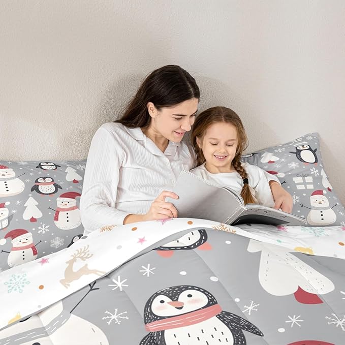 Feelyou Christmas Comforter Set Full Size Snowman Snowflake Bedding Set for Kids Boys Girls Penguin Duvet Quilt New Year Gift Bedroom Decor Microfiber 3 Pcs with 2 Pillow Cases