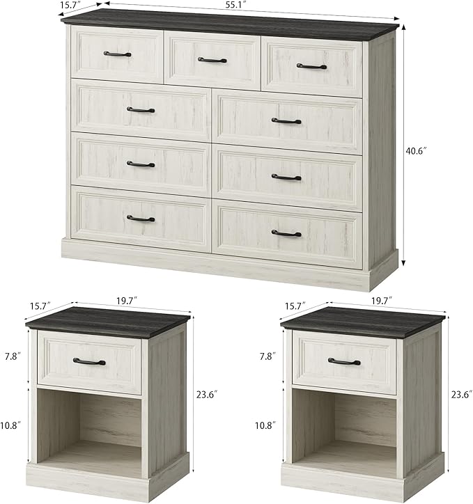 CARPETNAL Farmhouse Dresser and Nightstand Sets for Bedroom, 3 Pcs Bedroom Set, 9 Drawer Dresser & Nightstand Set of 2, Modern Wood Chest of Drawers for Bedroom, Living Room, Entryway, White