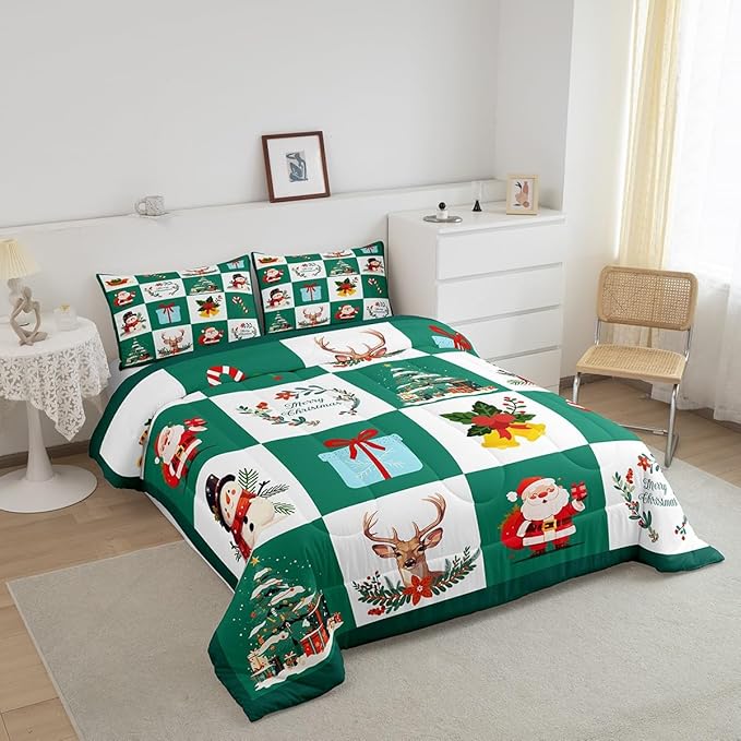 Erosebridal Merry Christmas Quilt Full Size for Kids Teens Santa Claus Xmas Tree Bedding Set Cartoon Deer Snowman Comforter Set with 2 Pillow Cases