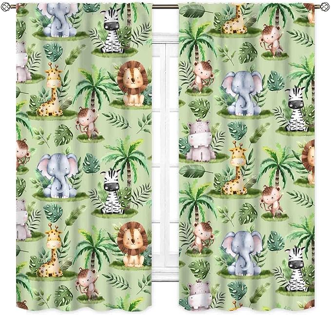 Jungle Safari Animals Curtains, Cartoon Animals Lion Giraffe Elephant Woodland Tropical Leaf Green Window Drapery for Kids Boys Girls Baby Living Room Bedroom Nursery 2 Panels, 52"x84" Inch
