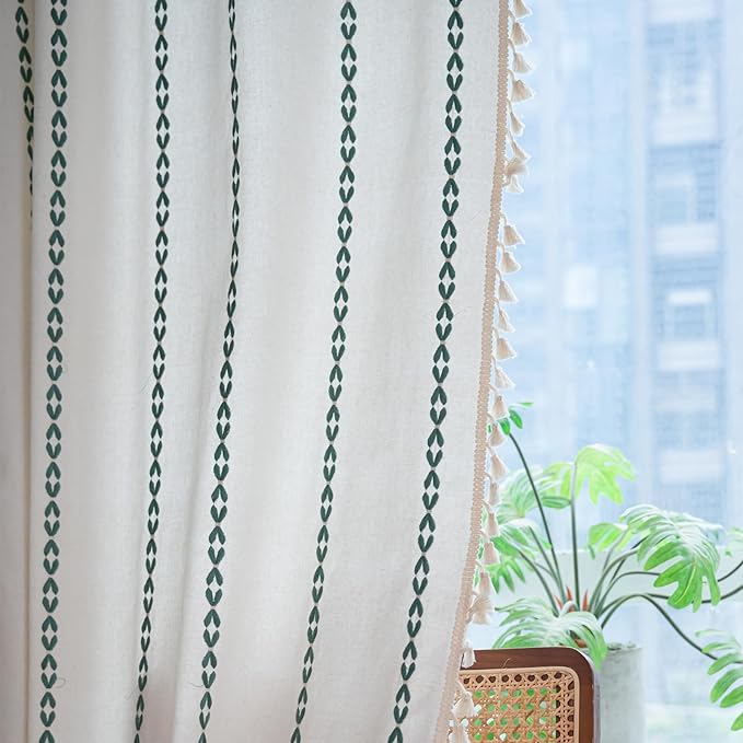 Deeprove Emerald Green Boho Curtains 96 inches Long for Bedroom Living Room, Vintage Bohemian Embroidery Cotton Striped Linen Country Tassel Window Treatments Christmas Decor, W52 x L96, 1 Panel
