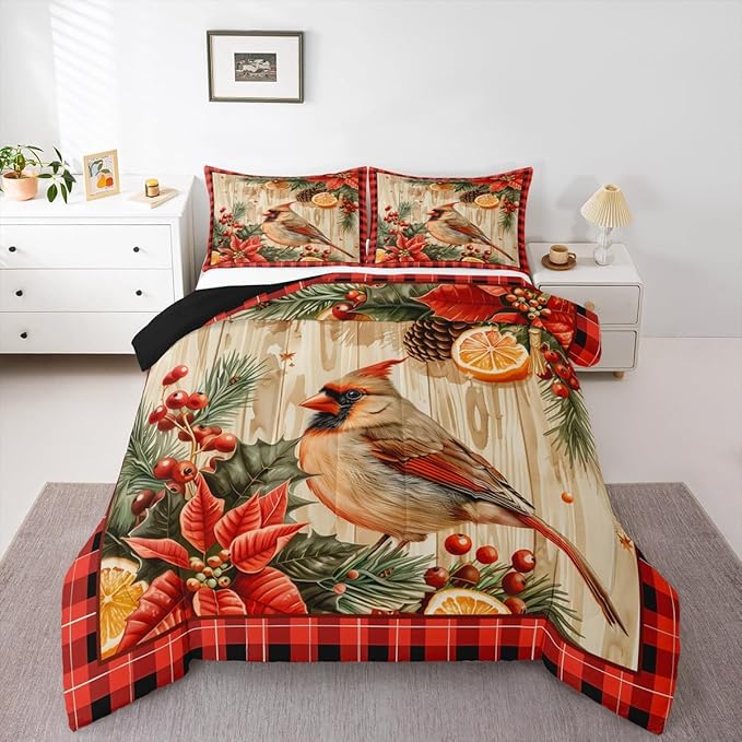 jejeloiu Kids Red Cardinal Comforter Set Toddler Christmas Red Black Plaid Flower Bedding Set for Boys Girls Teens Xmas Birds Animal Lemon Winter Wood Plank Duvet Quilt Room Decor