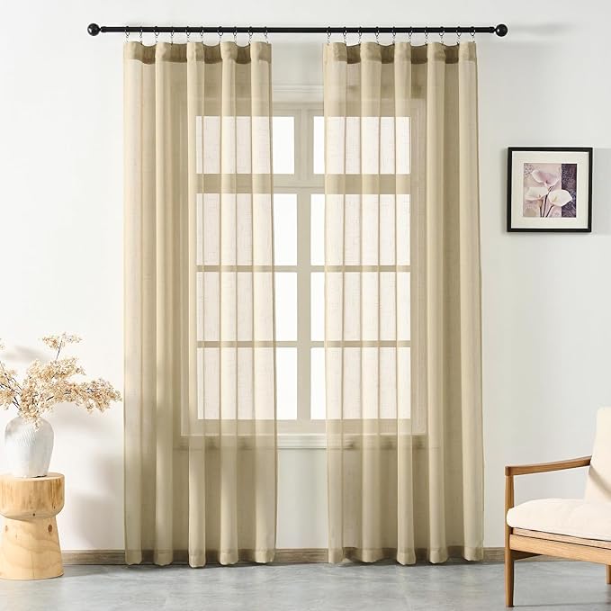 Taupe Sheer Curtains 102 Inch Long, Neutral Linen Look Textured Light Filtering Drapes, Tan Beige Transparent Window Decor, Rustic Floor to Ceiling Pinch Pleat Curtain with Hooks