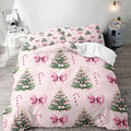 LUVIVIHOME 2PCS Pink Bow Christmas Tree Duvet Cover Twin Bedding Sets, Teen Girls Bedding, Xmas Tree Candy Cane Winter Holiday Christmas Comforter Cover, Coquette Room Decor Aesthetic, 1 Pillow Sham