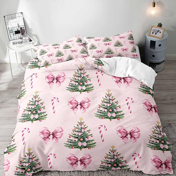 LUVIVIHOME 3PCS Pink Bow Christmas Tree Duvet Cover Full Bedding Set, Teen Girls Bedding, Xmas Tree Candy Cane Winter Holiday Christmas Comforter Cover, Coquette Room Decor Aesthetic, 2 Pillow Shams