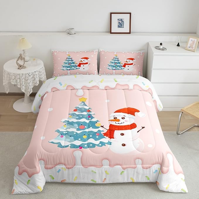 Castle Fairy Cartoon Christmas Full Size Comforter Set,Xmas Cute Snowman Pine Trees Bedding Comforters Bedroom Collection,Pink Cream Candy Girly Funny Bedding Set for Girls Teens