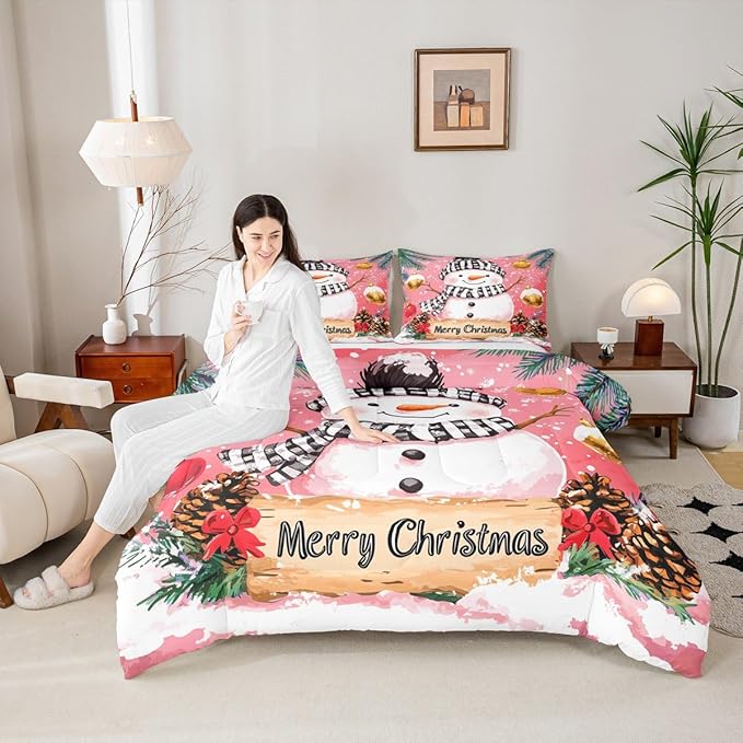 Feelyou Merry Christmas Kids Comforter Set Twin Size Cute Snowman Bedding Set Snowflake Duvet Quilt for Kids Boys Girls Bedroom Winter Decor Microfiber Ultra Soft Breathable