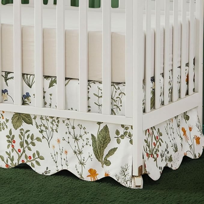 Brandream Scallop Edge Cotton Crib Skirt Toddler Bedskirt Baby Nursery Crib Bed Skirt Boho Bohemian Neutral Vintage Sage Green Botanical Floral Farmhouse Chic Boho Bohemian Skirt