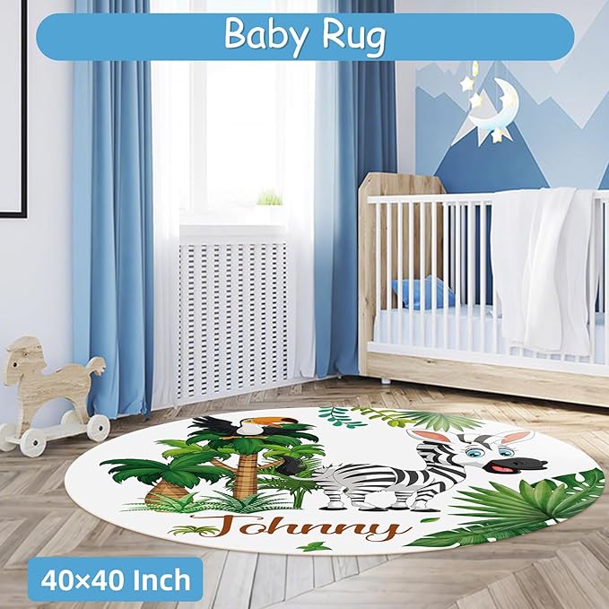 Personalized Baby Crib Bedding Set, 5 Pcs Custom Name Nursery Bedding Set for Boys Girls, Safari Animals Theme Baby Bedding Sets, Flannel Blanket, Newborn Infant New Parents Cusotmized Gifts
