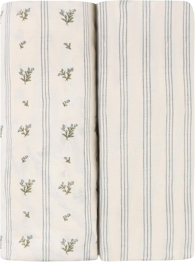 Ely's & Co. Crib Sheets, Baby Boy Fitted Crib Mattress Sheet Set, 2 Pack, 100% Jersey Knit Cotton, Infant and Toddler Nursery Bedding, 28” x 52” Blue Linear Berry Leaf Collection