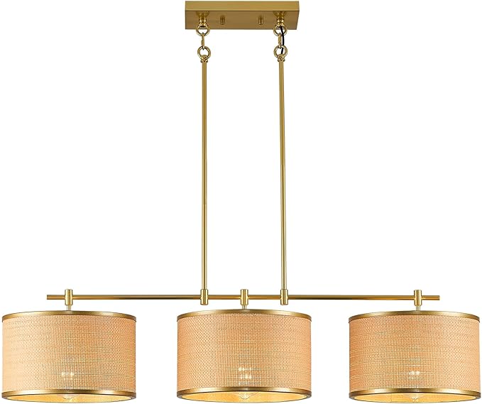 41" Dining Room Light Fixtures Over Table with 3-Light Island Lights for Kitchen,Boho Large Linear Chandelier,Gold Drum Woven Rattan Chandelier（Height Adjustable）