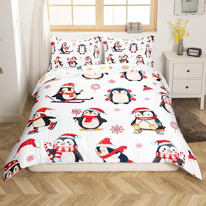 Feelyou Cartoon Penguin Duvet Cover Funny Animal Printed Christmas Day Bedding Set for Kids Room Cute Polar Animal Pattern Decor Comforter Cover Set Snowflake Bedspread Cover 3Pcs Zipper King Size