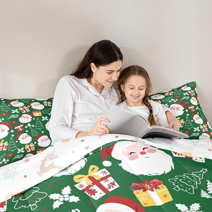 jejeloiu Santa Claus Comforter Set Full Size Merry Christmas Bedding Set for Kids Boys Girls Xmas Themed Duvet Quilt Green Bedroom Decor
