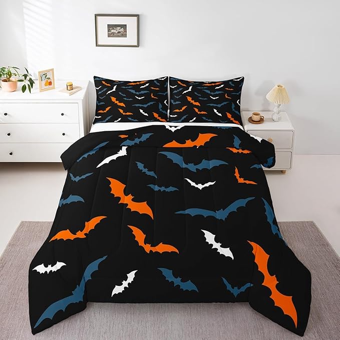 Erosebridal Bat Bedding Set for Kids Adults Boys Girls Happy Halloween Comforter Set Queen Size Gothic Spooky Quilt Orange Bats Duvet Insert with 2 Pillow Cases