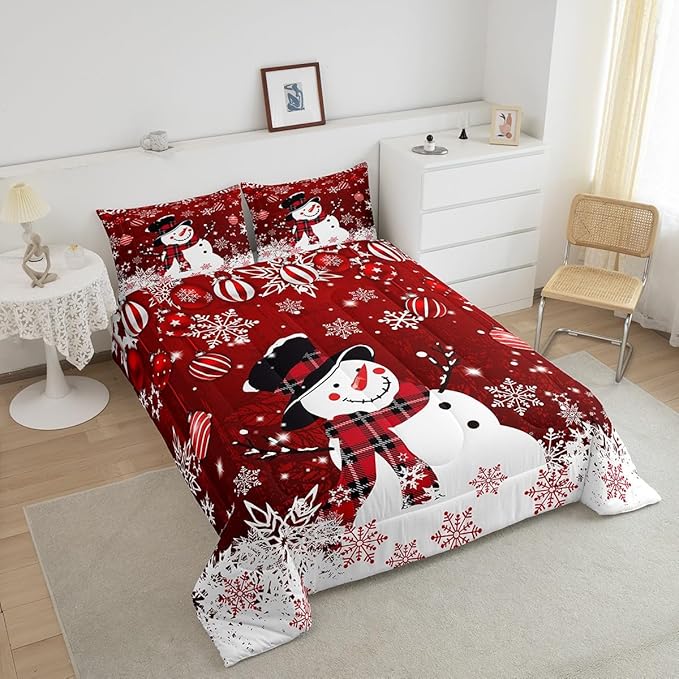 Manfei Snowman Comforter Set Full Size, Snowflake Balloon Xmas Decor Down Comforter with 2 Pillowcases, Christmas Red Bedding Set 3pcs for Kids Boy Girls Bedroom Decor Lightweight Duvet Insert