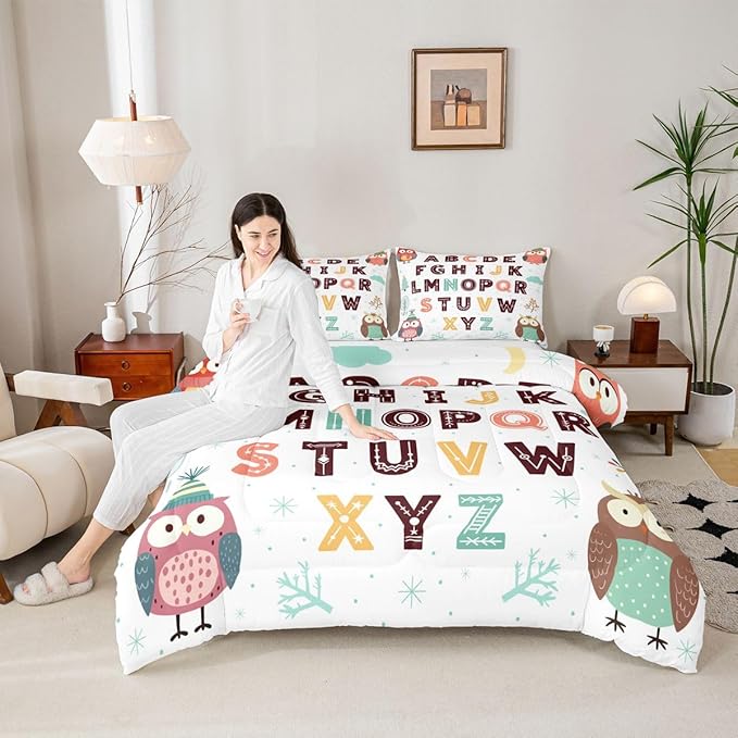 Feelyou Alphabet Kids ABC Learning Comforter Set Toddler Size Cartoon Owls Bedding Set for Kids Boys Girls Educational Nursery Art Duvet Quilt Wildlife Bedroom Decor 2 Pcs with 1 Pillow Cases