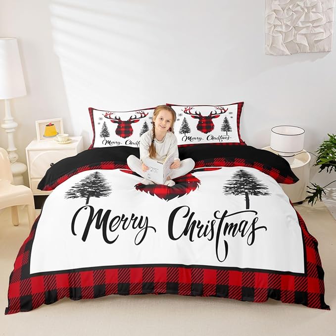 jejeloiu Christmas Bedding Set for Kids Boys Girls Xmas Deer Elk Antlers Comforter Cover Set King Size Buffalo Check Grid Duvet Cover Bedroom Decor Xmas Bedding Collection 3Pcs