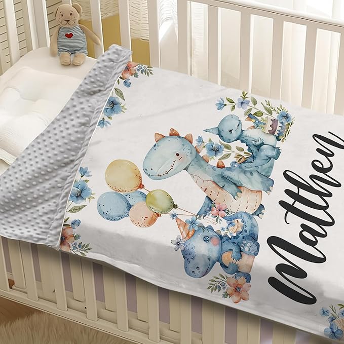 Personalized Baby Name Blanket for Boy Girl, Soft Flannel Blanket with Double Layer Dotted Backing for Infant Newborn, Nursery Crib with Dinosaur Design, Customized Gifts for New Mom(47" x60)