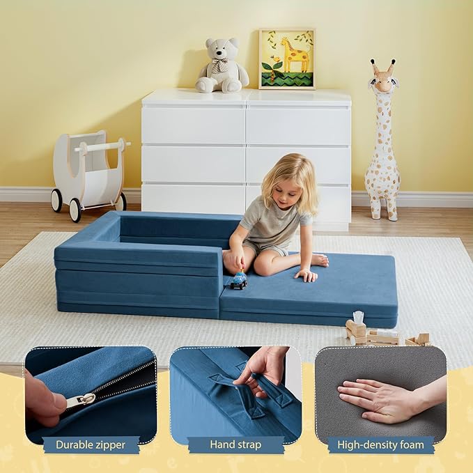 Travel Toddler Bed, 3-in-1 Convertible Sofa Bed for Toddler Portable Floor Beds, Flip Open Sofa Lounger for Girls and Boys, Made with High-Density Foam and Washable Cover,Blue