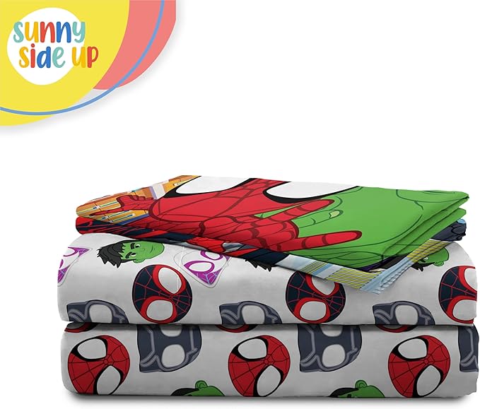 Sunny Side Up Spidey & His Amazing Friends Full Sheet Set - 4 Piece Kids Bedding Set Includes Pillow Cover - Super Soft Superhero Microfiber Sheets Features Miles Morales & Ghost Spider