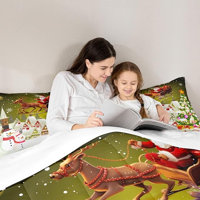 Manfei Christmas Comforter Set Full Size, Xmas Tree Snowman Quilt Set with 2 Pillowcases, Santa Claus with Deer Bedding Set 3pcs for Kids Boys Girls Room Decor New Year Theme Duvet Insert