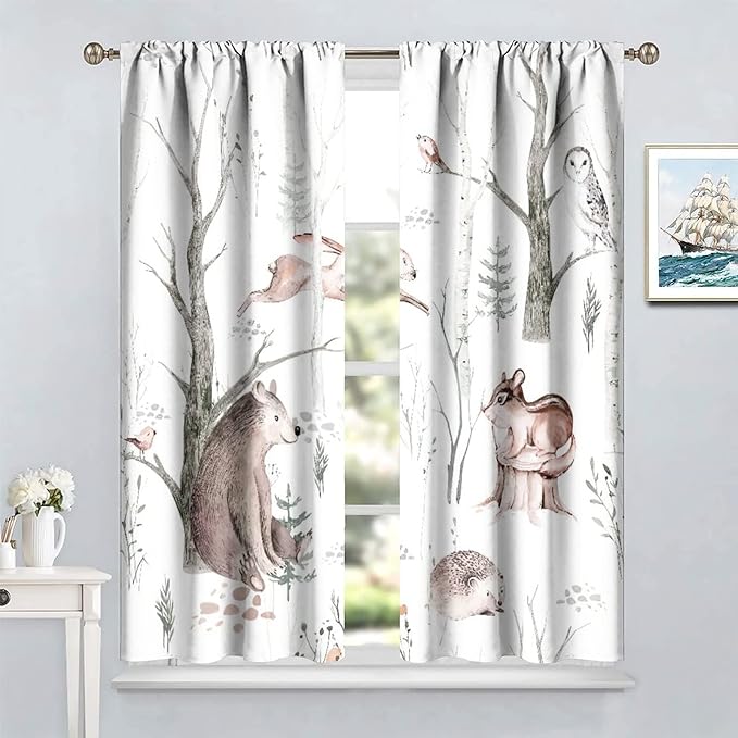 Watercolor Woodland Animal Curtains, Wildlife Bear Farmhouse Lodge Cabin Squirrel Owl Hedgehog Fox Blackout Rod Pocket Windows Door Curtain for Bedroom Living Room Home Decor 55x63in