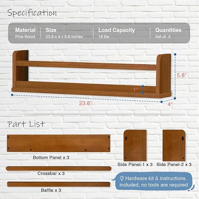 24 Inch Kids Wall Bookshelf for Bedroom, Large Floating Nursery Book Shelves for Baby Girls Boys Toddlers (24", Walnut)