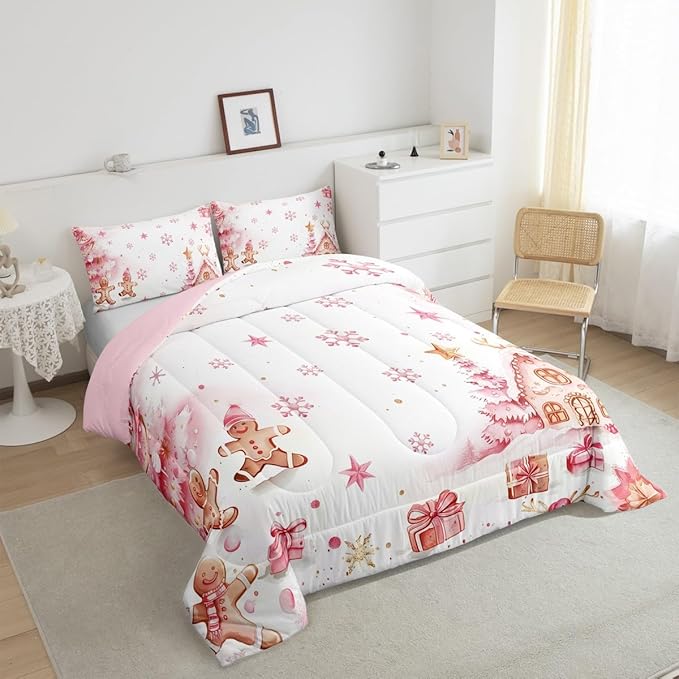 jejeloiu Kids Christmas Theme Comforter Set Twin Size Pink Xmas Gingerbread Man Bedding Set for Boys Girls Teens Candy House Snowflake Winter Happy New Year Duvet Quilt Room Decor
