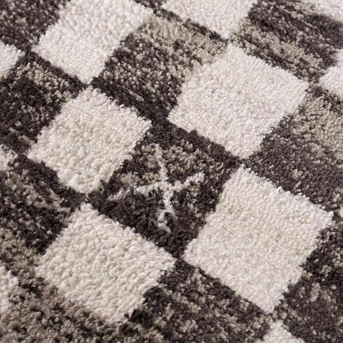 Hauteloom Benjy Living Room, Checkered Bedroom Area Rug - Farmhouse - Cream, Charcoal - 6'7" x 9'