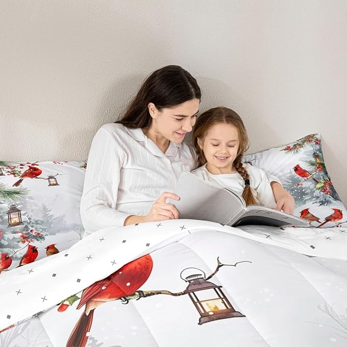 jejeloiu Kids Red Cardinal Comforter Set Toddler Christmas Theme Bedding Set for Boys Girls Teens Xmas Birds Winter Country Woodland Animal Duvet Quilt Room Decor