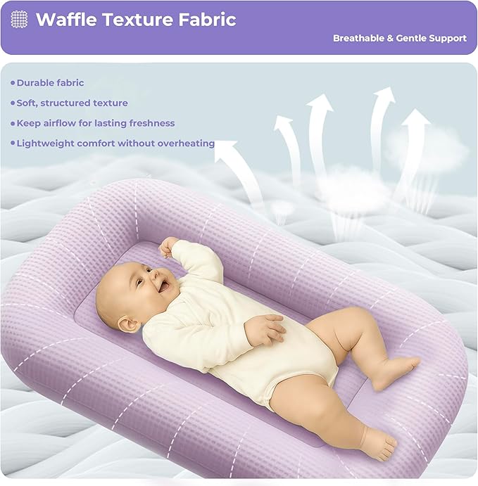 Baby Lounger for Newborn - Infant Lounger 0-24 Months with Lounger Cover, Cooling Baby Nest Lounger, Breathable Waffle Fabric & 3D Support, Portable Newborn Essentials, Pink