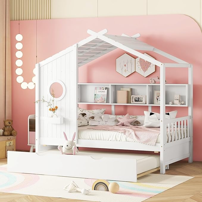 Twin Size House Bed with Trundle for Kids,Twin Kids Bed Frame with Storage Shelves,Wood House Bed Frame for Girls,Boys,Can be Decorated,White