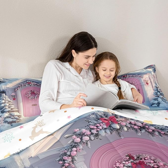 Feelyou Merry Christmas Kids Comforter Set Twin Size Winter Snowscape Bedding Set Pink Door Duvet Quilt for Kids Boys Girls Bedroom Garland Xmas Tree Decor Microfiber Ultra Soft Breathable