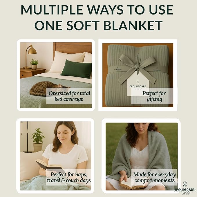 Cloud Scape Linen Oversized 4 Layer Muslin Blanket Queen Size - 100% Cotton, Lightweight & Breathable All Season Gauze, Pre-Washed, fits Full Bed, 92x92, Sage Green