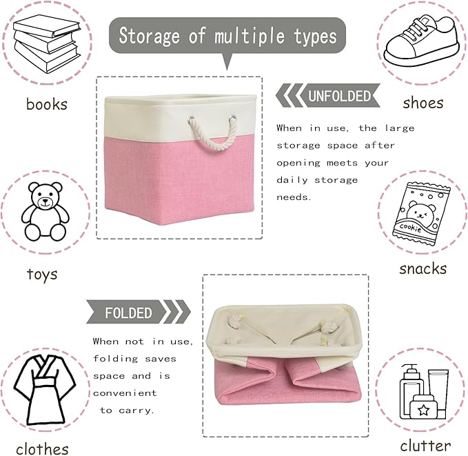 storage cubes 11x11x11[6 Pack],Fabric Storage Cubes with Rope Handles, Eco-Friendly Linen Collapsible Organizers for Closet, Nursery, Toys, Office, Bathroom – Dual Color Design.(White&Pink)