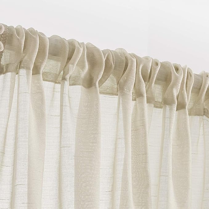 Treatmentex Pompom Linen Sheer Curtains for Living Room 84inches Long Decorative Natural Window Curtain Draperies for Kids Bedroom Slub Textured Voile 52" W, 1 Pair, Beige