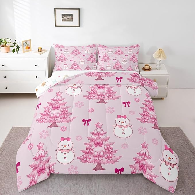 Feelyou Merry Christmas Bedding Set Soft for Boys Girls, Cute Snowman Comforter Set Toddler Size Cartoon Bowknot Duvet Quilt Microfiber Christmas Tree 2 Pcs with 1 Pillow Cases