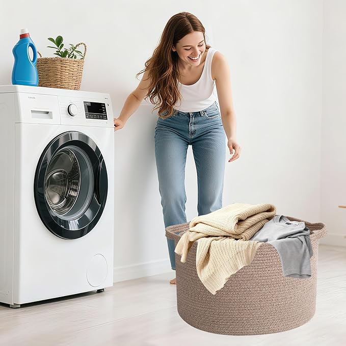 Large Blanket Basket for Organizing,115L Closet Organizers and Storage Bins Box for Shelves Woven Rope Storage Baskets,Living Room,Bedroom,Dorm,Laundry room (Brown)