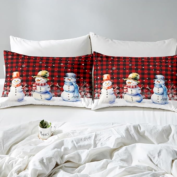 Xmas Snowman Duvet Cover Set Full Size, Christmas Bedding Set 3pcs for Kids Boys Girls Bedroom Decor, Red Black Plaid Print Comforter Cover with 2 Pillowcases,Snowflake Print Quilt Cover,No Comforter